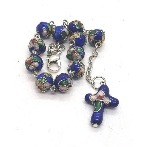 Cloisonne Flower Bead Bracelet With Rosary Cross Charm On Silver Chain - Picture 6 of 10
